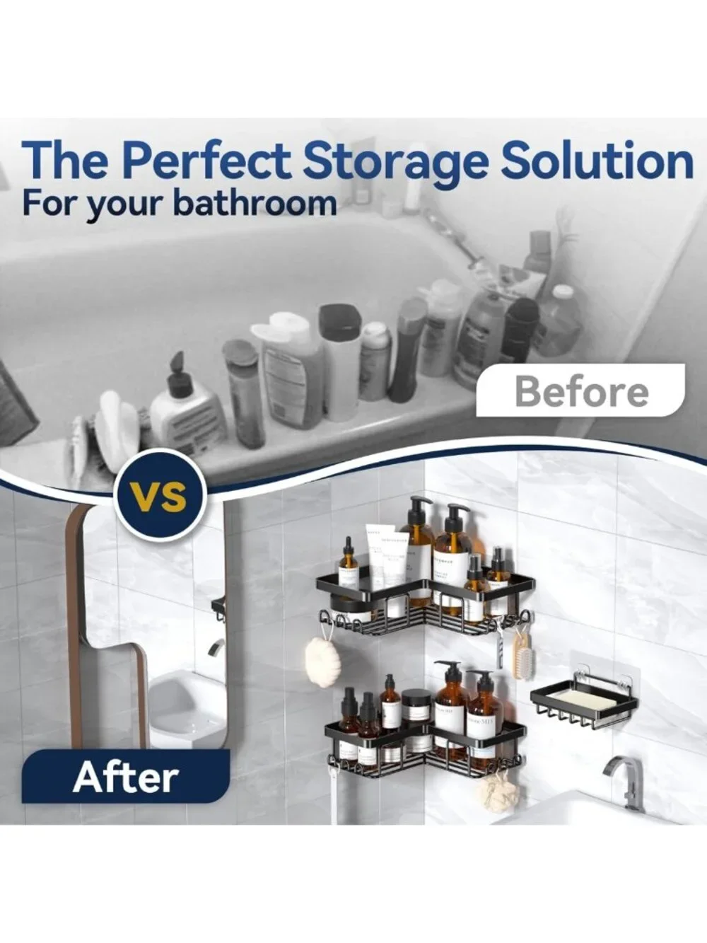 Rustproof Corner Shower Caddy with Soap Holder & 12 Hooks, Wall-Mounted